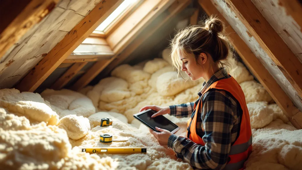 An energy assessor checking loft insulation inside a traditional terraced house.