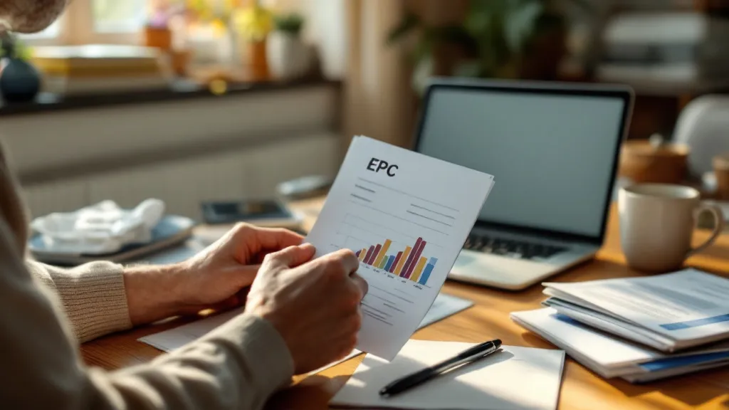 A landlord reviewing an energy performance certificate alongside notes on a laptop.