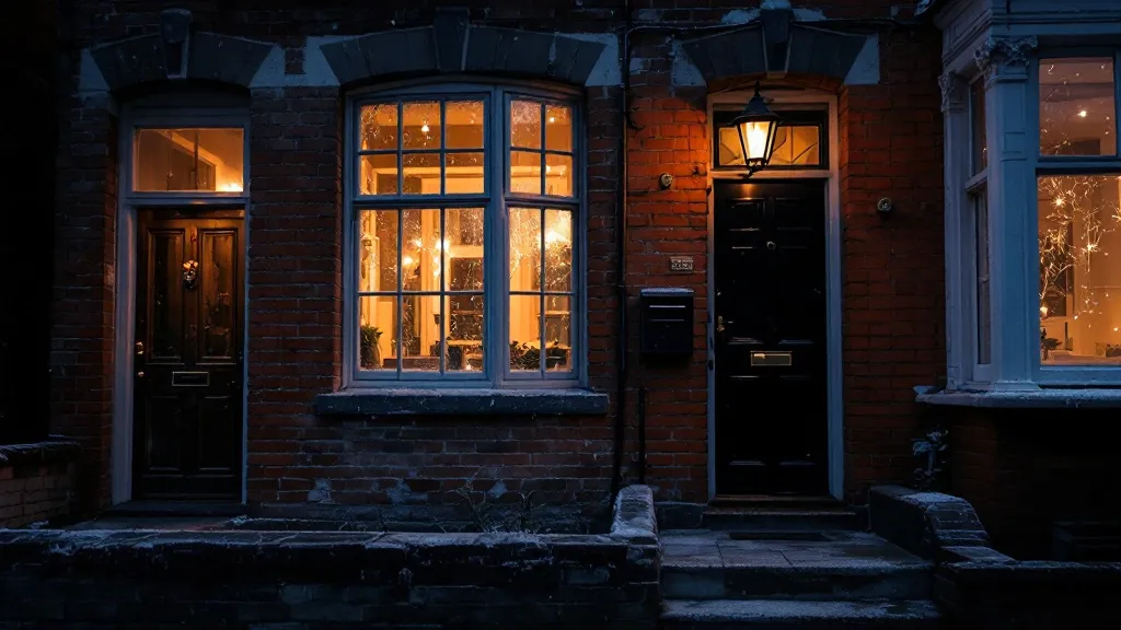 A Victorian terraced house converted into flats, viewed from the street at dusk.
