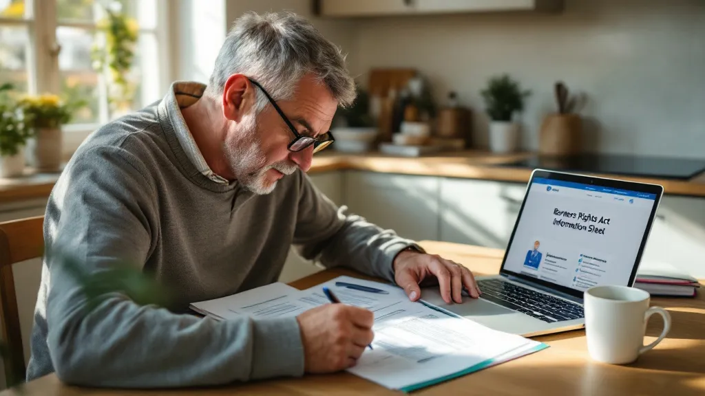 A landlord reviewing a printed Information Sheet document next to a laptop at home.