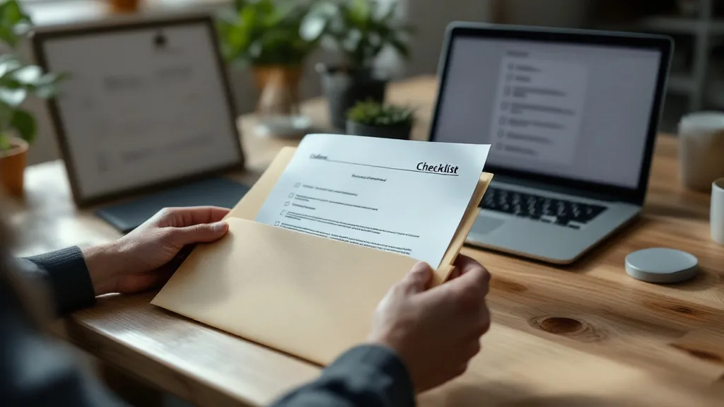 Hands filing a printed compliance document into a labelled folder for record-keeping.