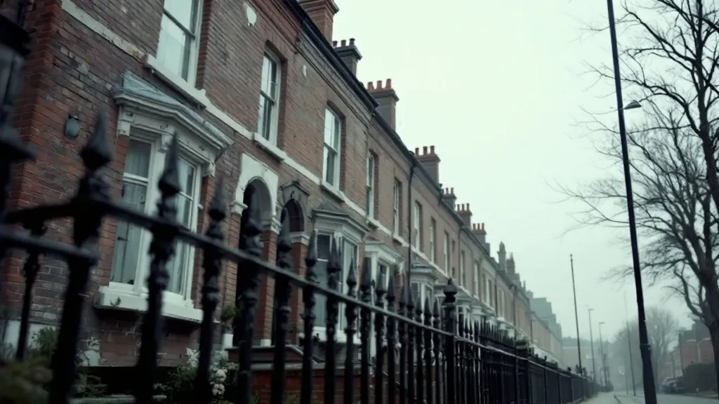 Row of traditional Victorian terraced houses on a UK street in soft morning light, shot from low angle with blurred foreground railings and muted brick tones under an overcast sky.