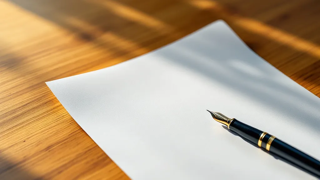Close-up of a formal legal document on a wooden desk, a pen resting beside it, natural window light casting a soft shadow, no text or writing visible on the document, clean and minimal composition, slightly cool colour temperature suggesting seriousness