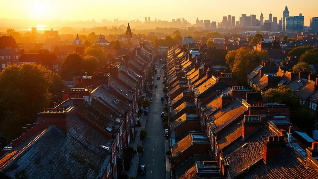 Aerial view at sunset of a UK city's Victorian terraced houses in warm amber light, with modern city centre buildings visible in the distance.
