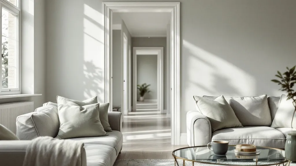 Close-up of a modern shared house interior, bright living room with clean furnishings, multiple doors visible suggesting multi-room layout, natural daylight from large windows, neutral tones with accents of green, photorealistic interior photography style, no text or numbers visible