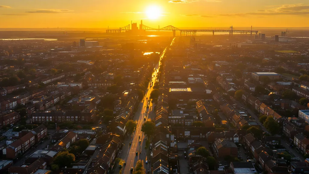 Aerial view of Middlesbrough at sunset showing rows of Victorian red-brick terraced houses bathed in golden light, with the Transporter Bridge silhouetted against the amber sky in the background.