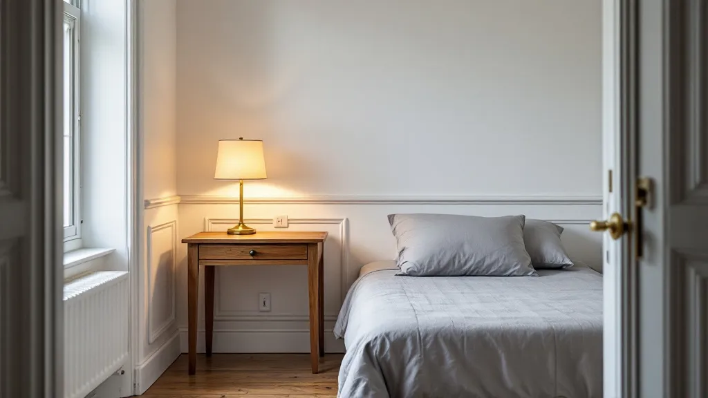 Interior of a neatly furnished HMO bedroom in a Victorian terraced house, single bed with neutral grey bedding, small wooden desk, warm ambient lighting from a bedside lamp, clean and modern finish contrasting with original period skirting boards and cornicing, photorealistic, tight interior composition